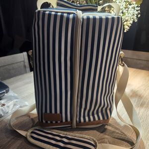 NEW. Striped Blue and White Thermal Picnic And Wine Bag.